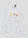 Fair Theme Embroidery on Baby/Toddler Girl's Personalized White Ruffled Bubble/Sunsuit